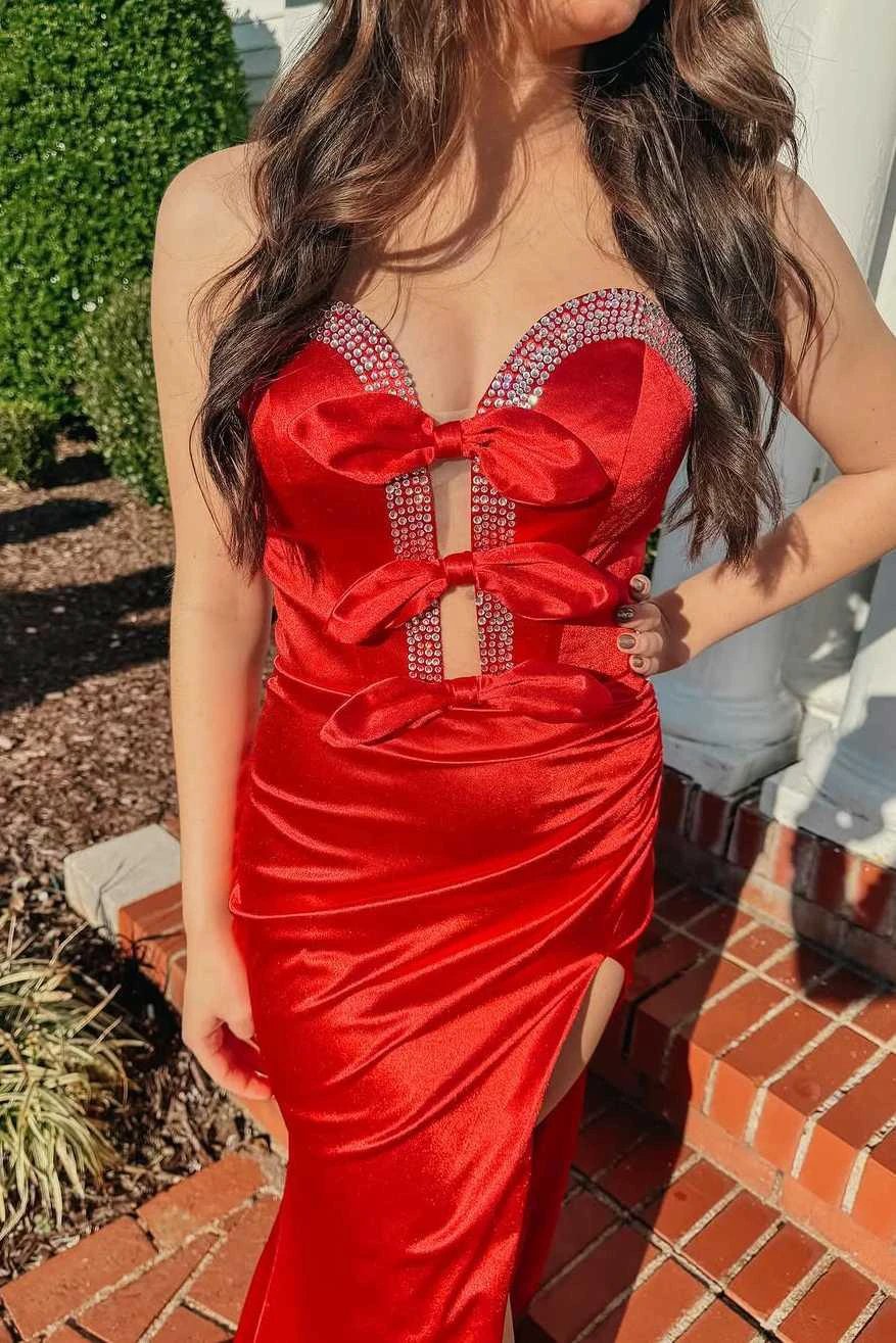 Entra | Red Strapless V-Neck Bow Mermaid Pleated Long Prom Dress with Slit - Image 2