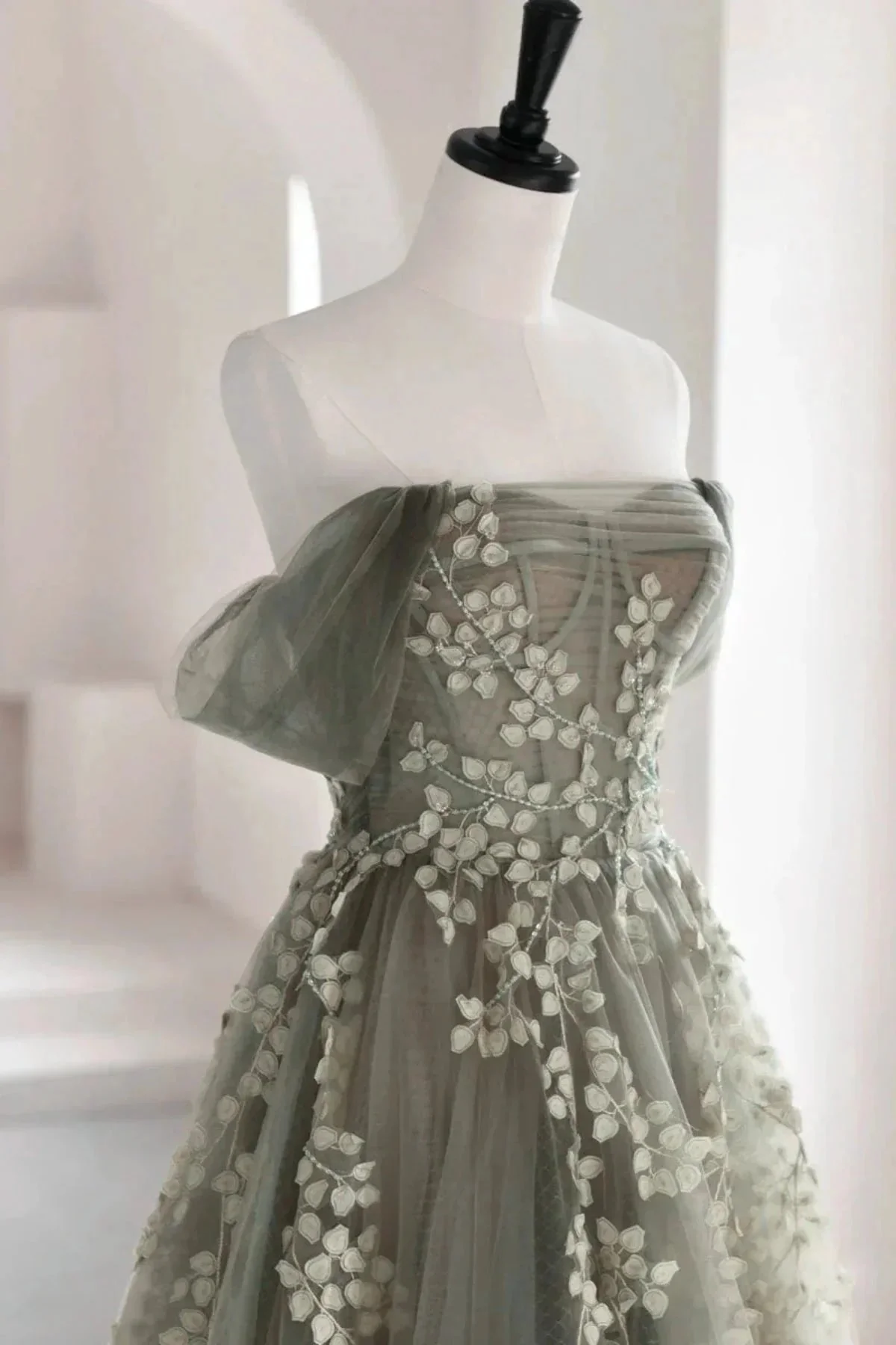 Eosinia | Gray Green Off The Shoulder Tulle Prom Dress With Appliques - Image 2