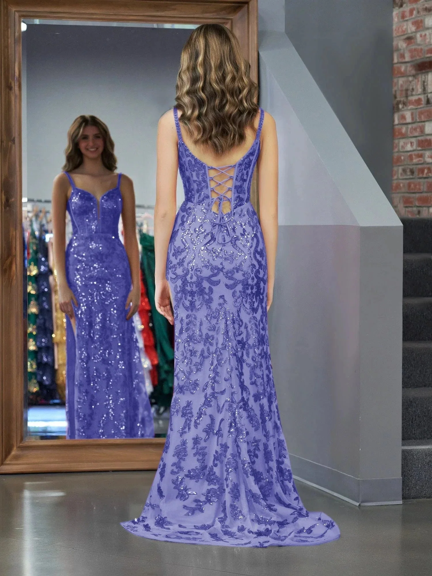 Purple Sheath Sequins Long Prom Dress with Slit - Image 2
