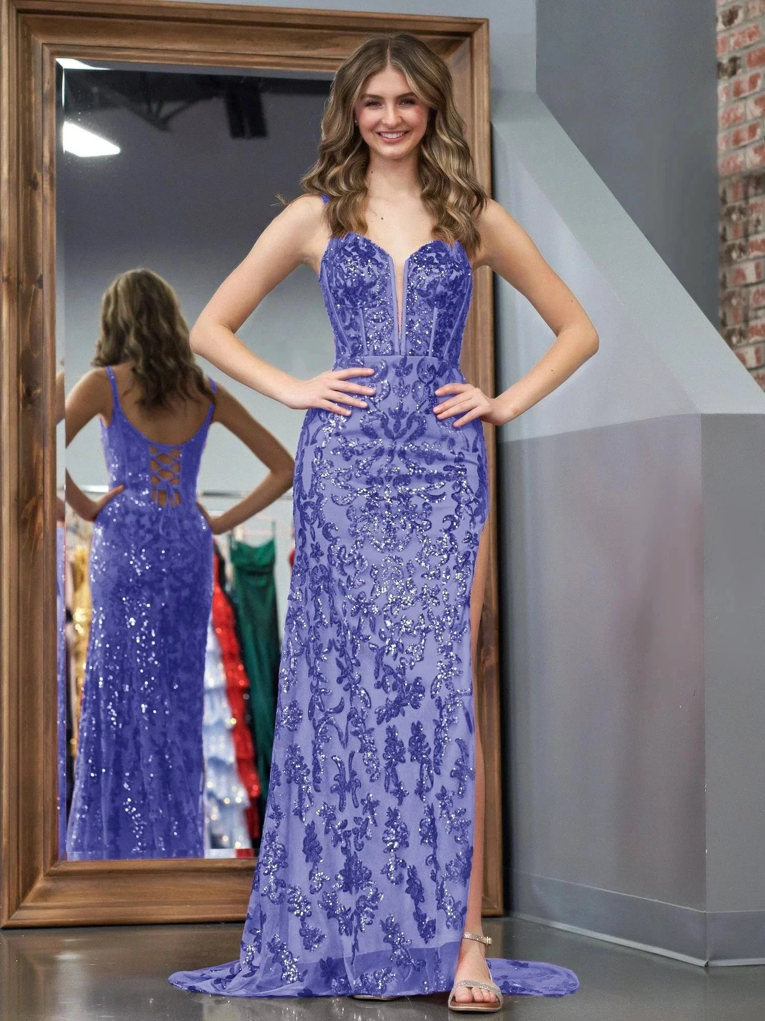 Purple Sheath Sequins Long Prom Dress with Slit - Image 4