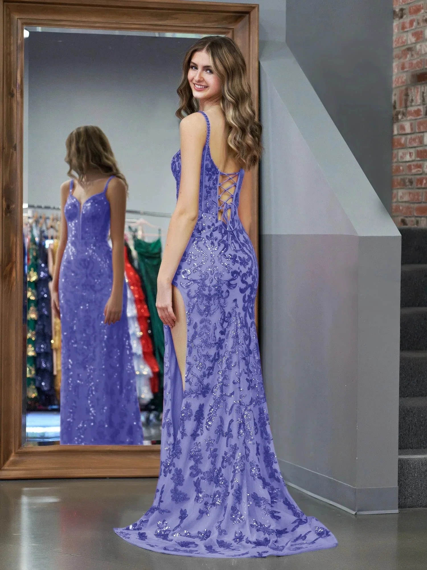 Purple Sheath Sequins Long Prom Dress with Slit - Image 6