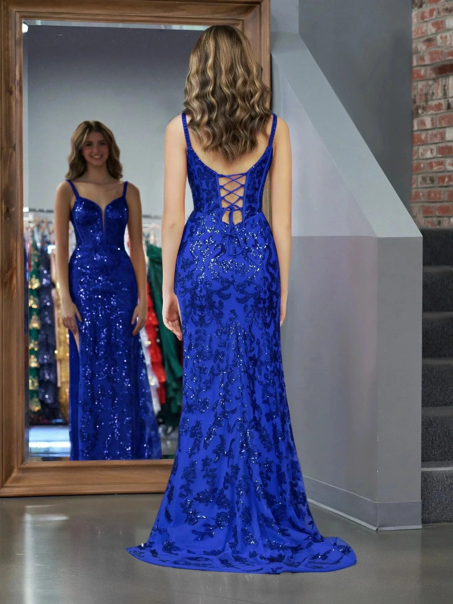 Sparkly Blue Sheath Sequins Long Prom Dress with Slit - Image 4