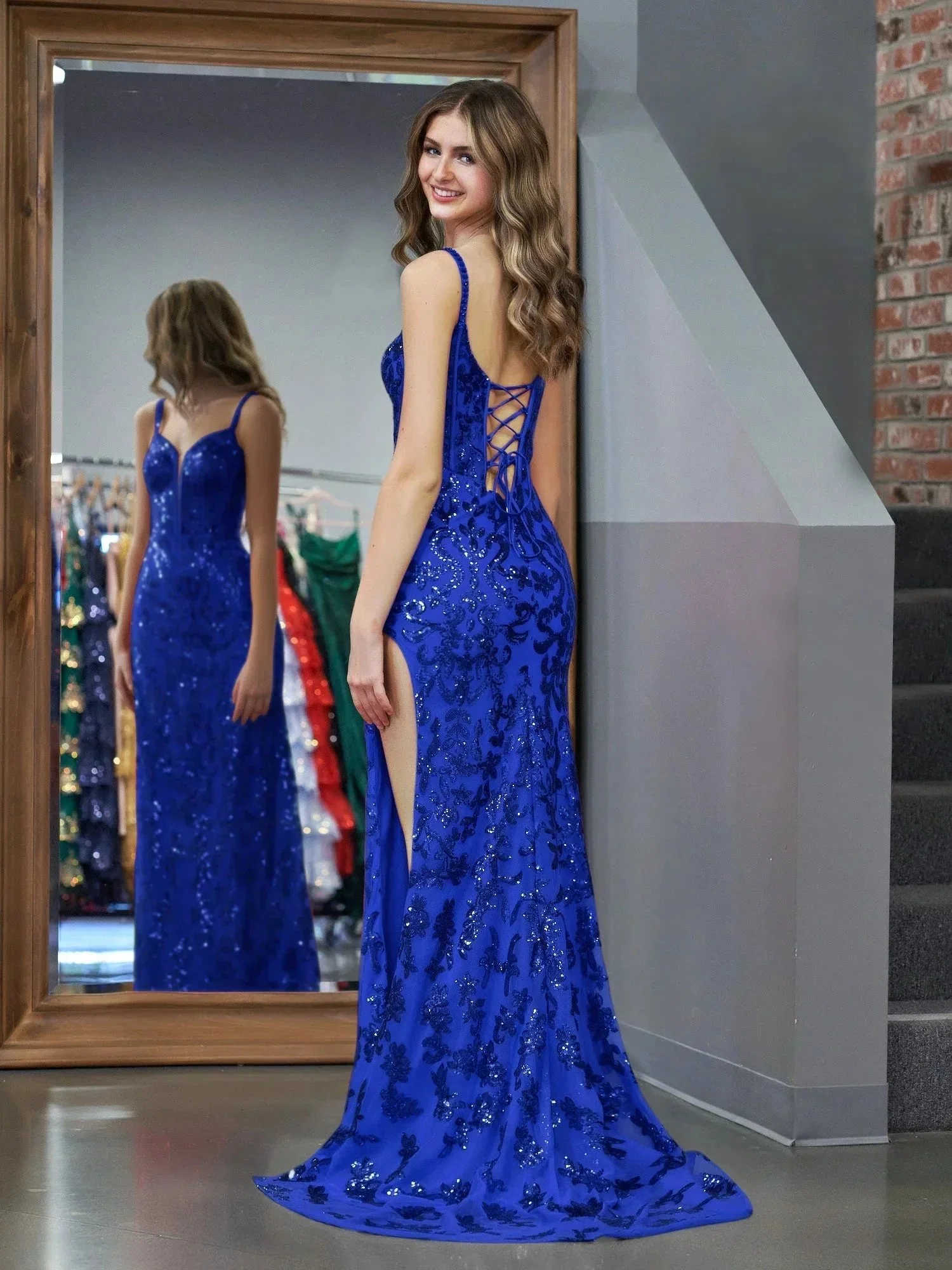 Sparkly Blue Sheath Sequins Long Prom Dress with Slit - Image 5