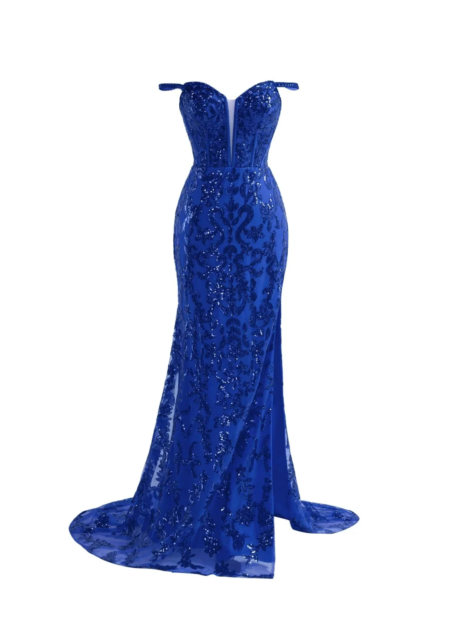 Sparkly Blue Sheath Sequins Long Prom Dress with Slit - Image 7