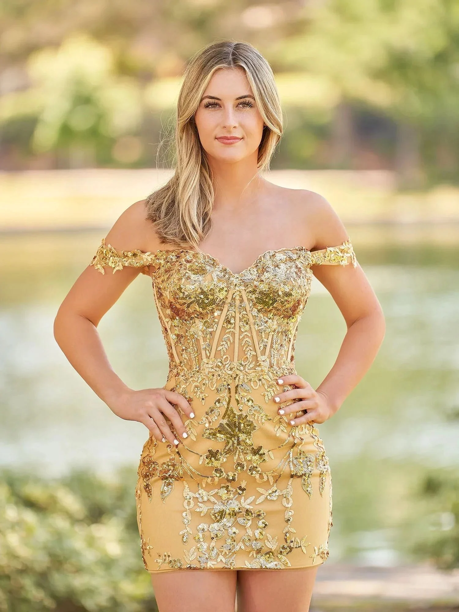 Short Off the Shoulder Sheath Gold Corset Homecoming Dresses - Image 3
