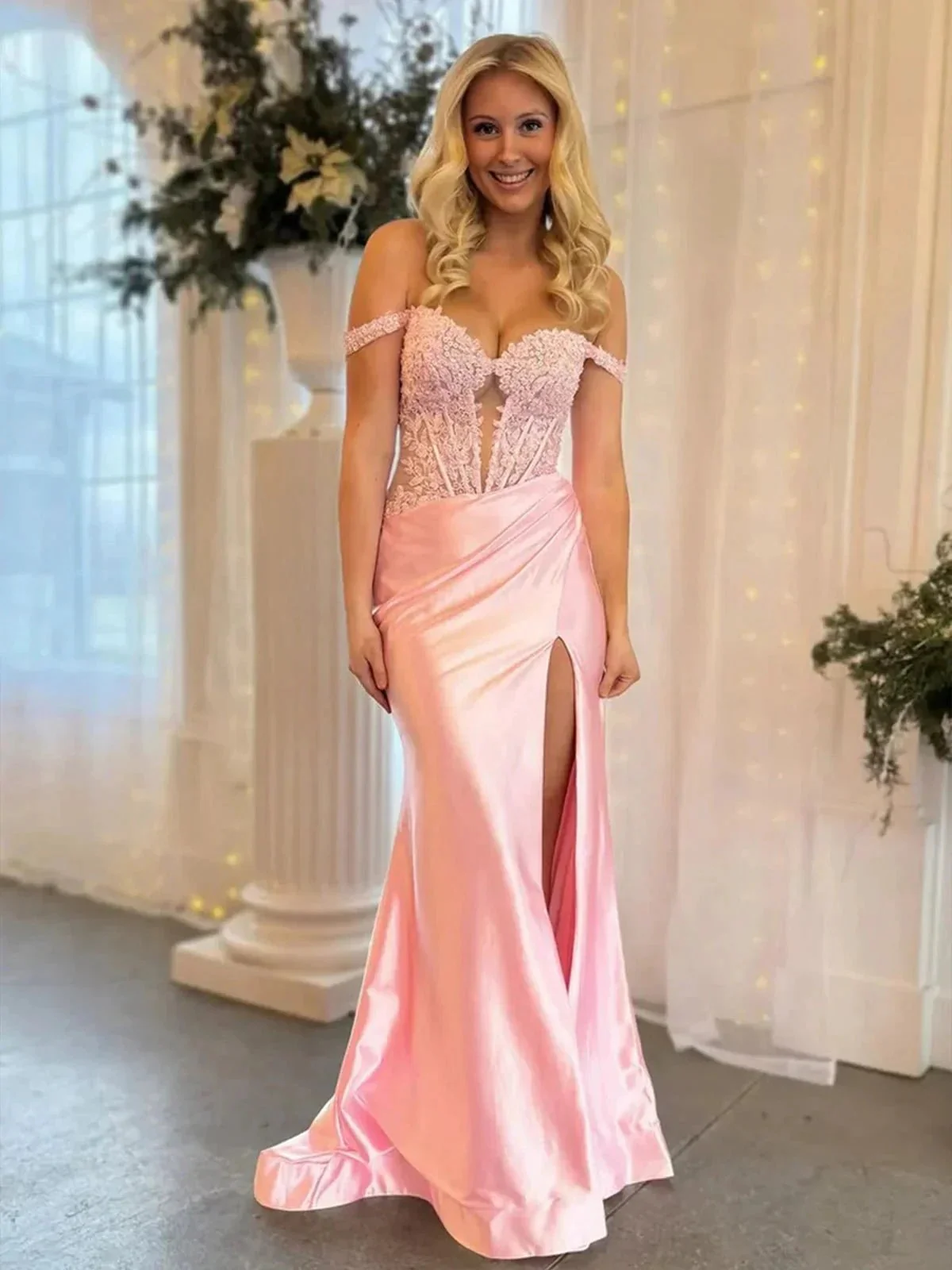 Eseld | Mermaid Sweetheart Pink Satin Long Prom Dresses With Split - Image 2