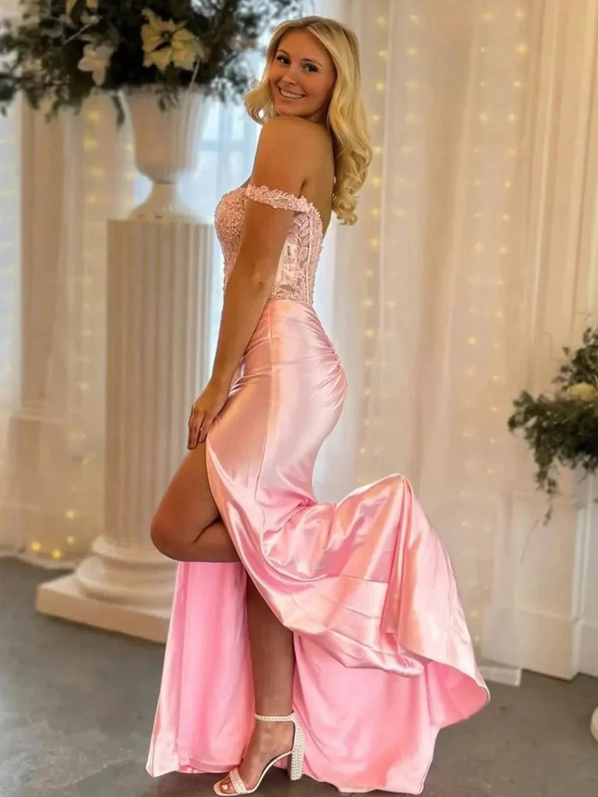 Eseld | Mermaid Sweetheart Pink Satin Long Prom Dresses With Split - Image 4