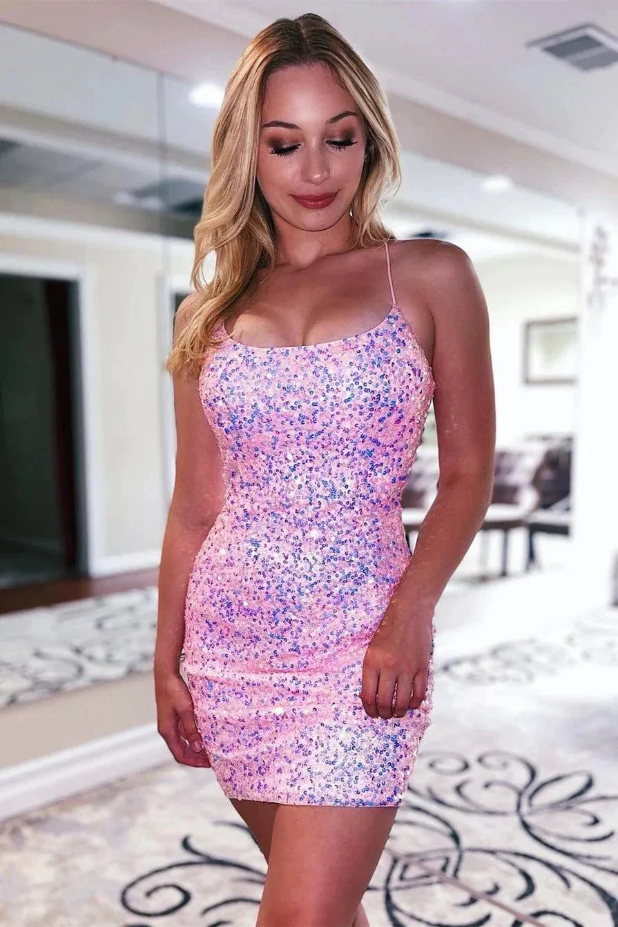 Glitter Sequin Spaghetti Straps Lace Up Tight Homecoming Dress - Image 5