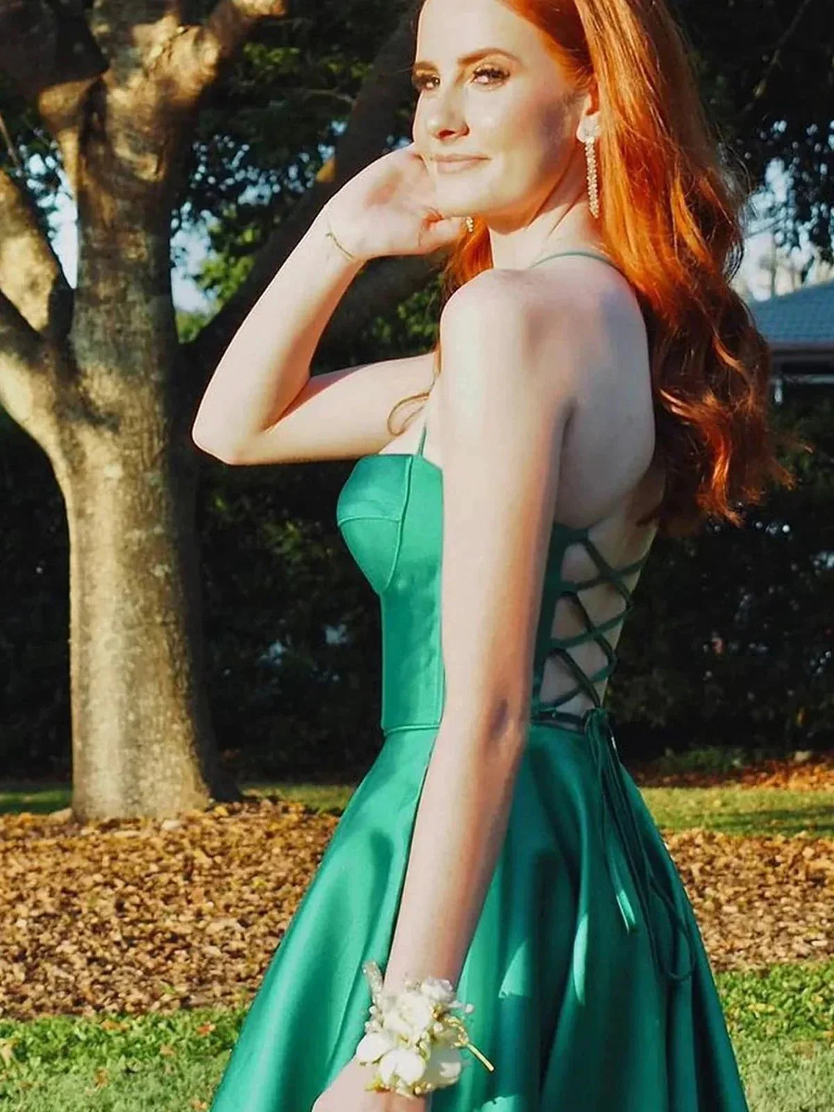 Etherea | A Line Sweetheart Green Satin Long Prom Dresses with Slit - Image 2