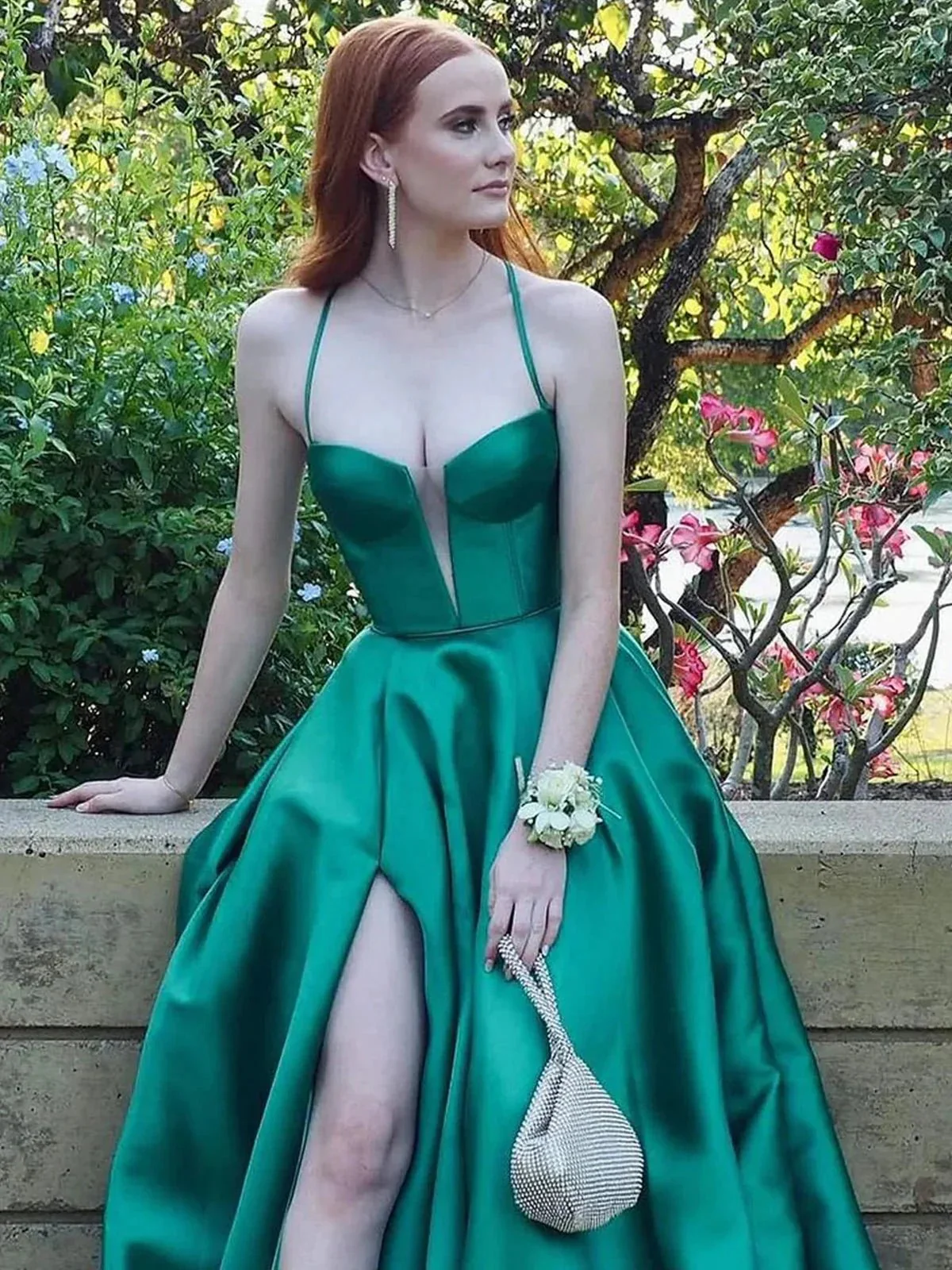 Etherea | A Line Sweetheart Green Satin Long Prom Dresses with Slit - Image 3