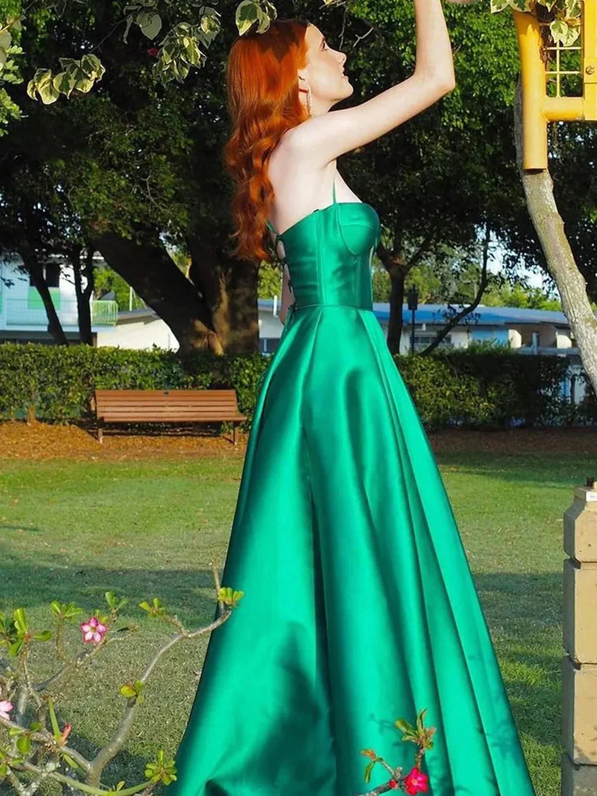 Etherea | A Line Sweetheart Green Satin Long Prom Dresses with Slit - Image 4