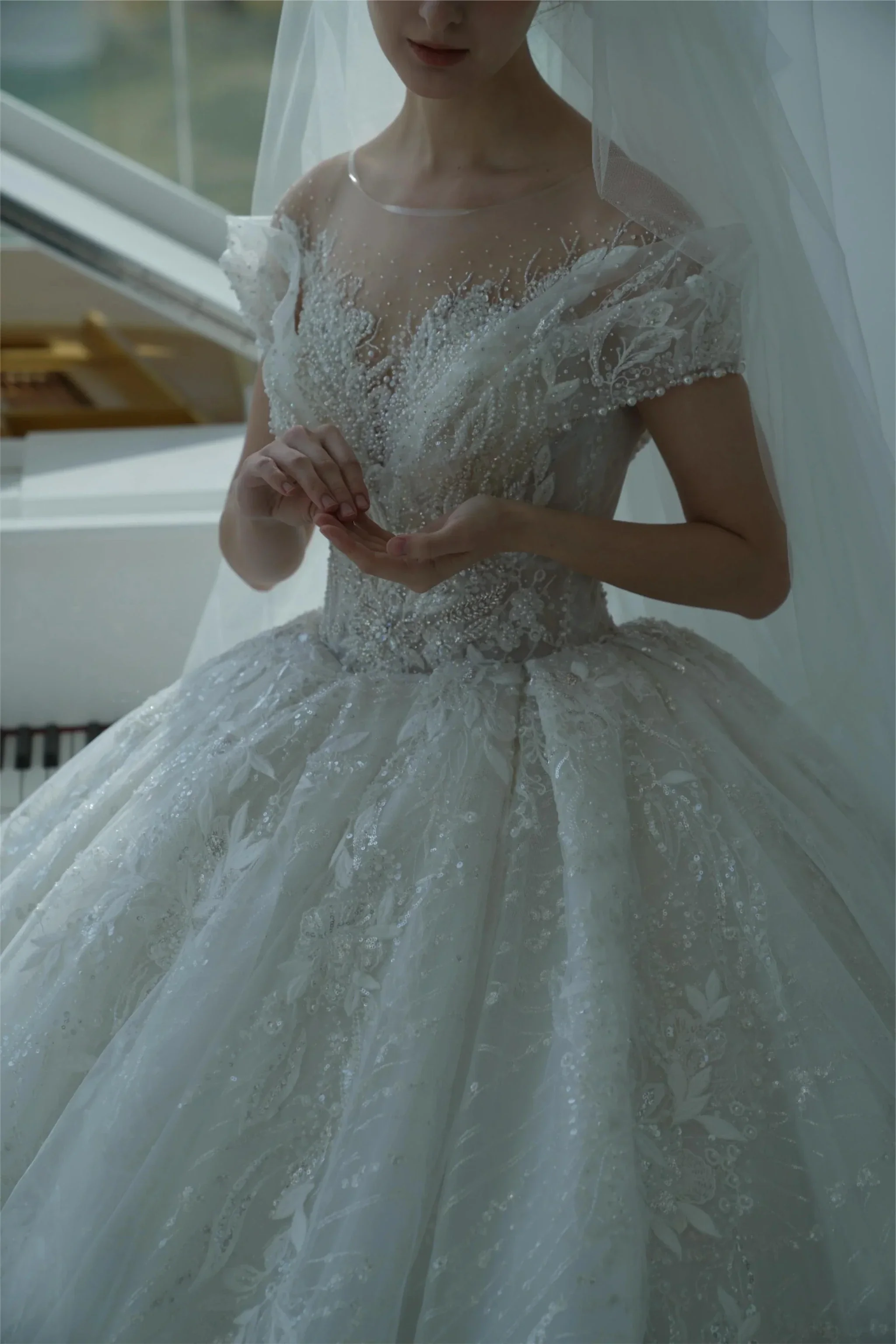 Ethereal Ball Gown Off-the-Shoulder Illusion Lace Wedding Dress with Beaded Embroidery & Cathedral Train M-002 - Image 2
