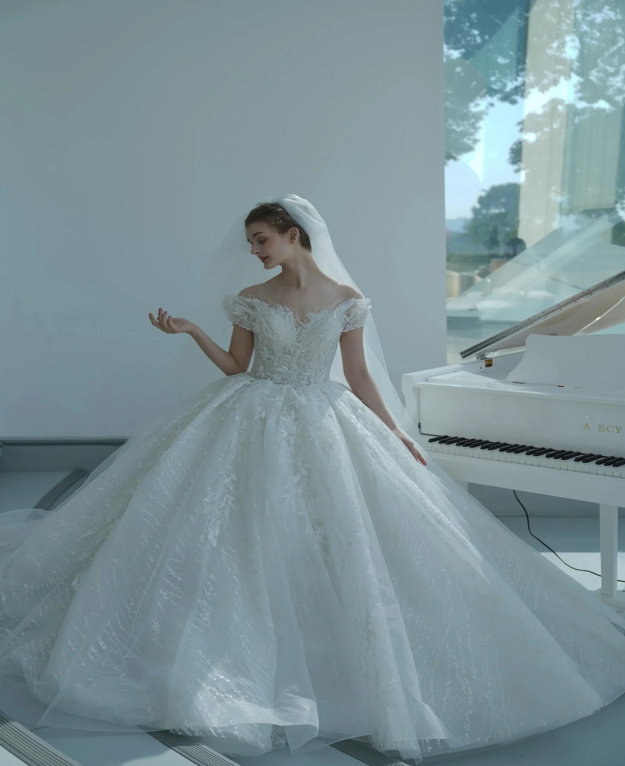 Ethereal Ball Gown Off-the-Shoulder Illusion Lace Wedding Dress with Beaded Embroidery & Cathedral Train M-002 - Image 3