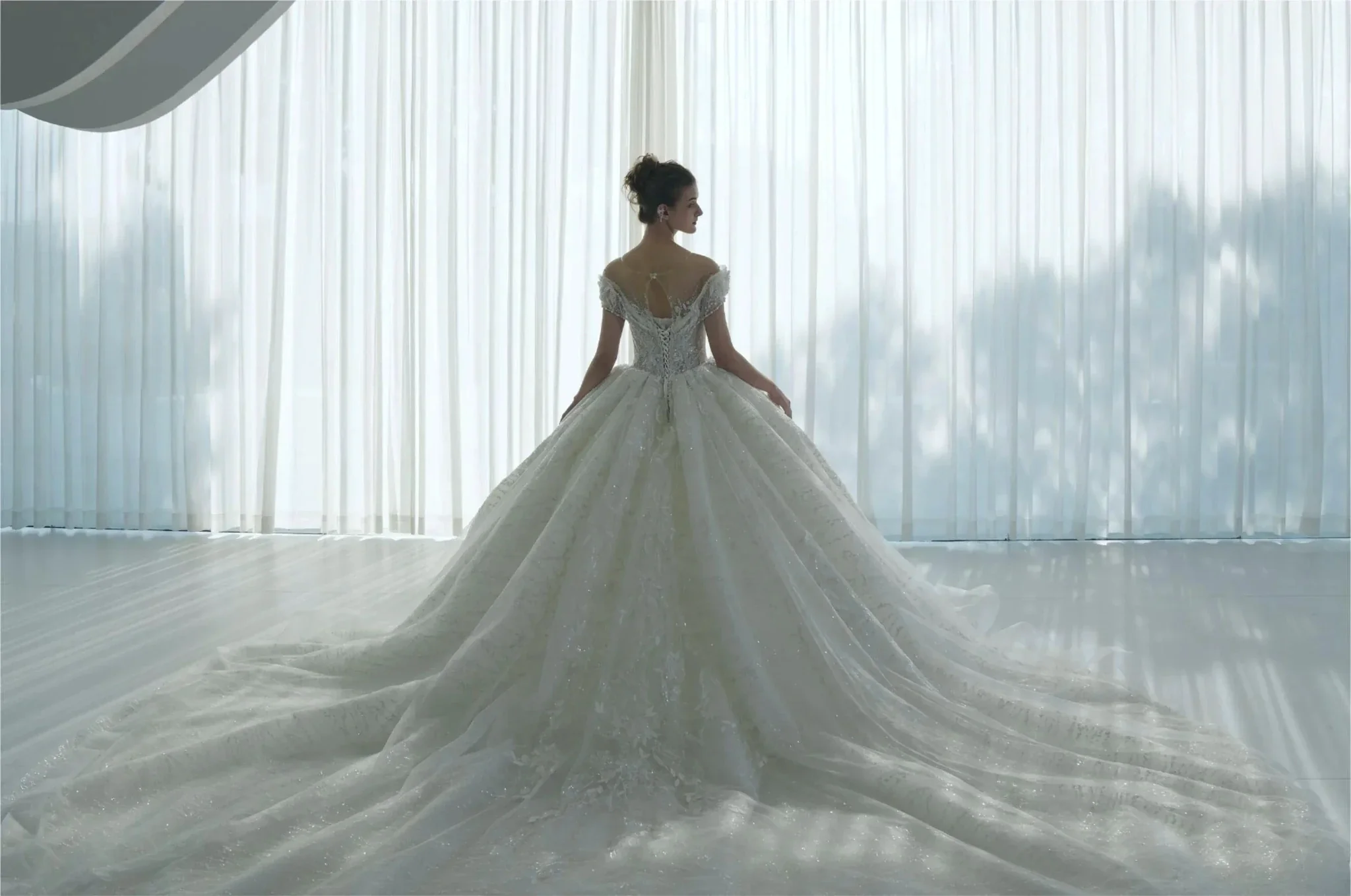 Ethereal Ball Gown Off-the-Shoulder Illusion Lace Wedding Dress with Beaded Embroidery & Cathedral Train M-002 - Image 4