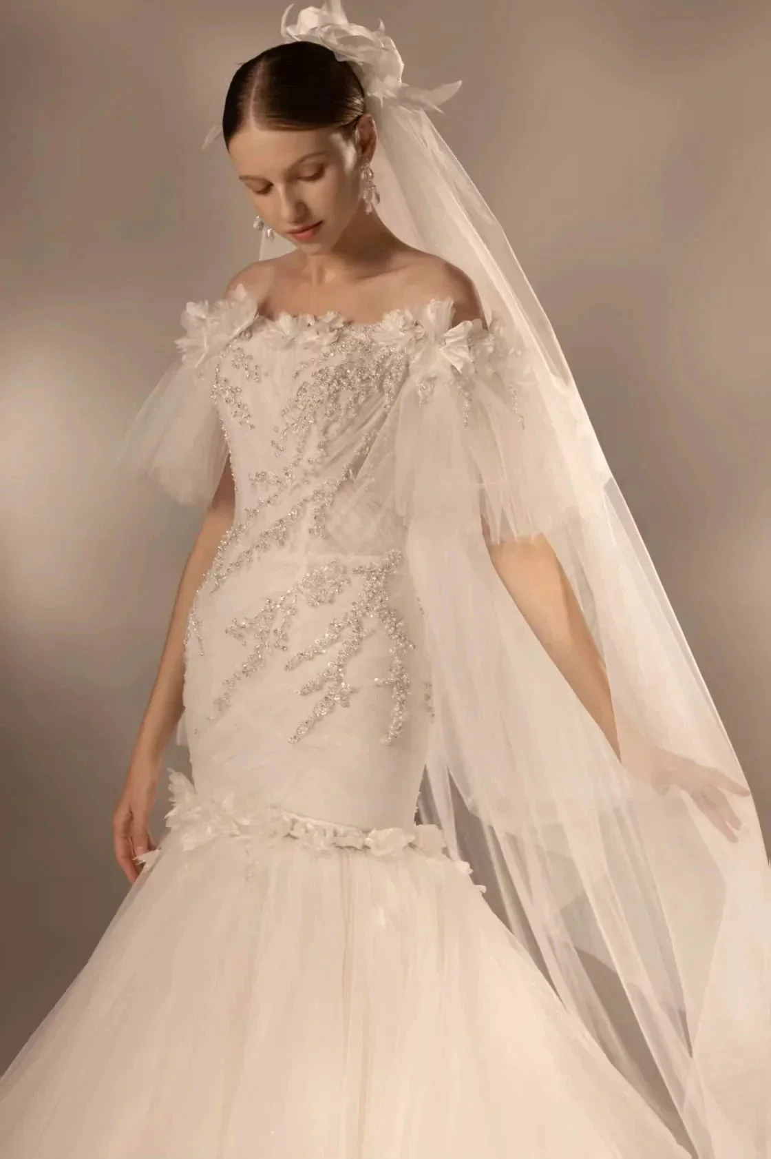 Ethereal Mermaid Off-the-Shoulder Tulle Wedding Dress with Beaded Embroidery & 3D Floral Accents H011