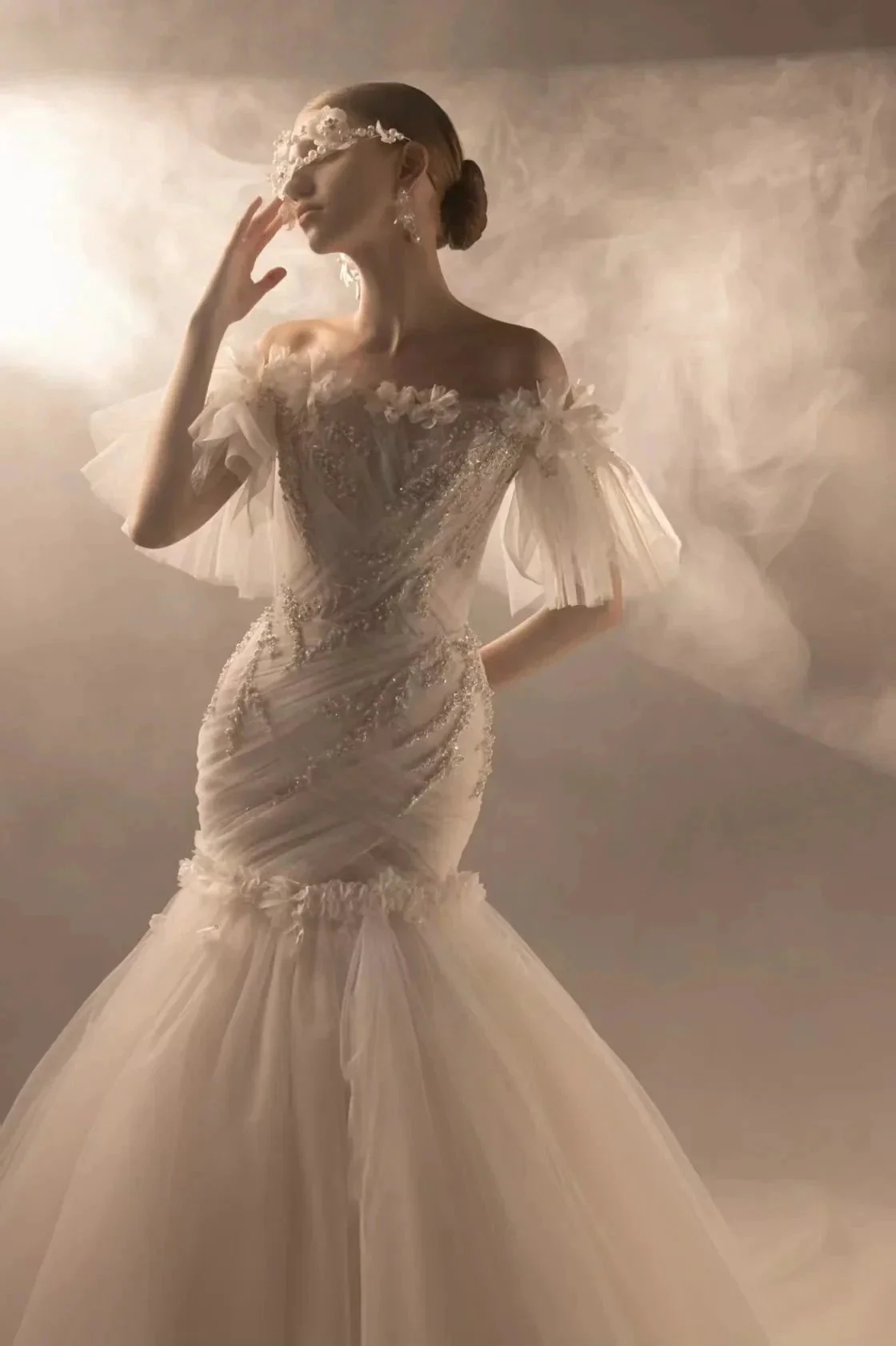 Ethereal Mermaid Off-the-Shoulder Tulle Wedding Dress with Beaded Embroidery & 3D Floral Accents H011 - Image 2