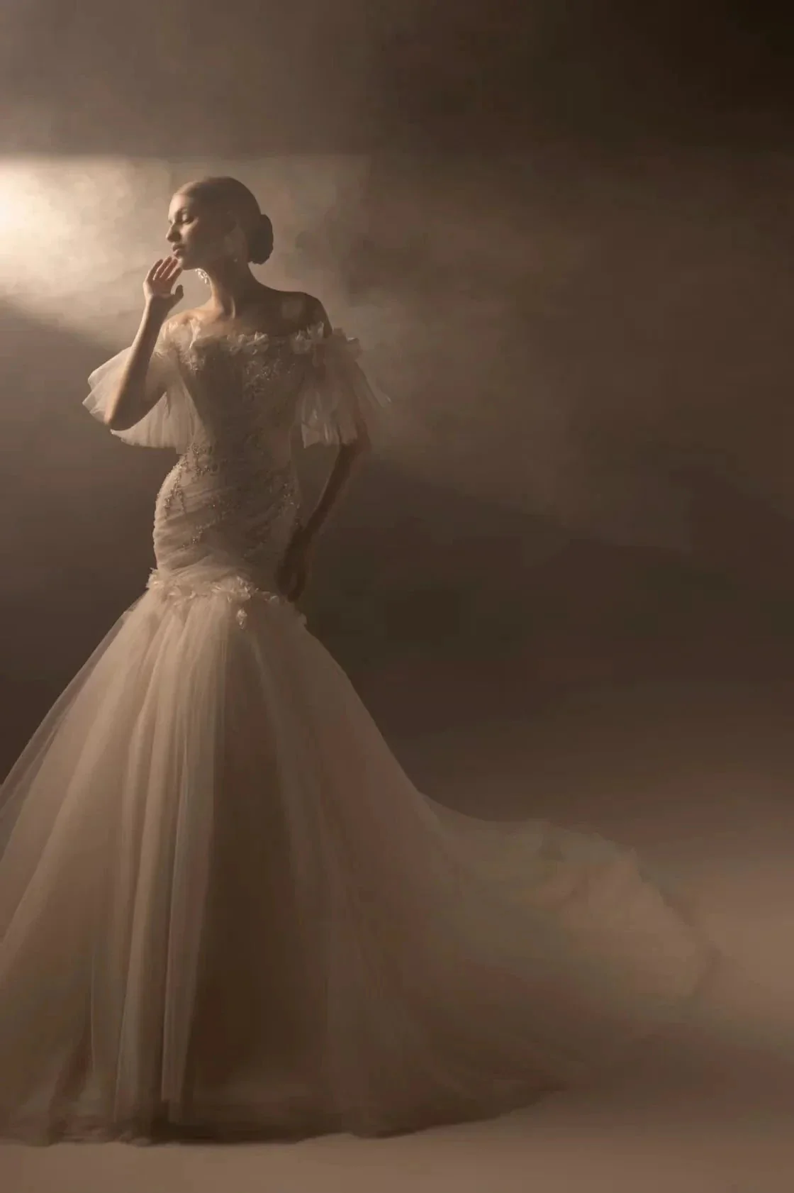 Ethereal Mermaid Off-the-Shoulder Tulle Wedding Dress with Beaded Embroidery & 3D Floral Accents H011 - Image 3