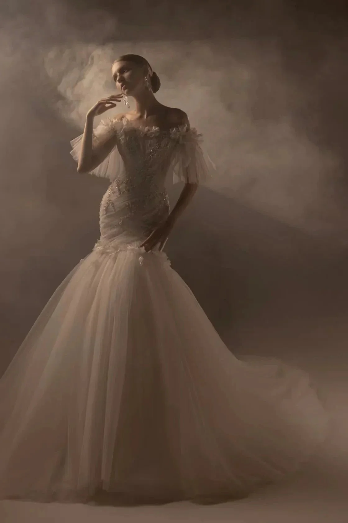 Ethereal Mermaid Off-the-Shoulder Tulle Wedding Dress with Beaded Embroidery & 3D Floral Accents H011 - Image 4