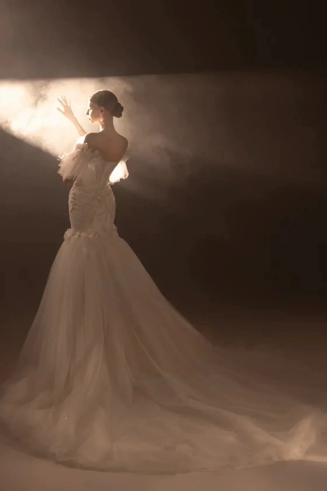 Ethereal Mermaid Off-the-Shoulder Tulle Wedding Dress with Beaded Embroidery & 3D Floral Accents H011 - Image 5