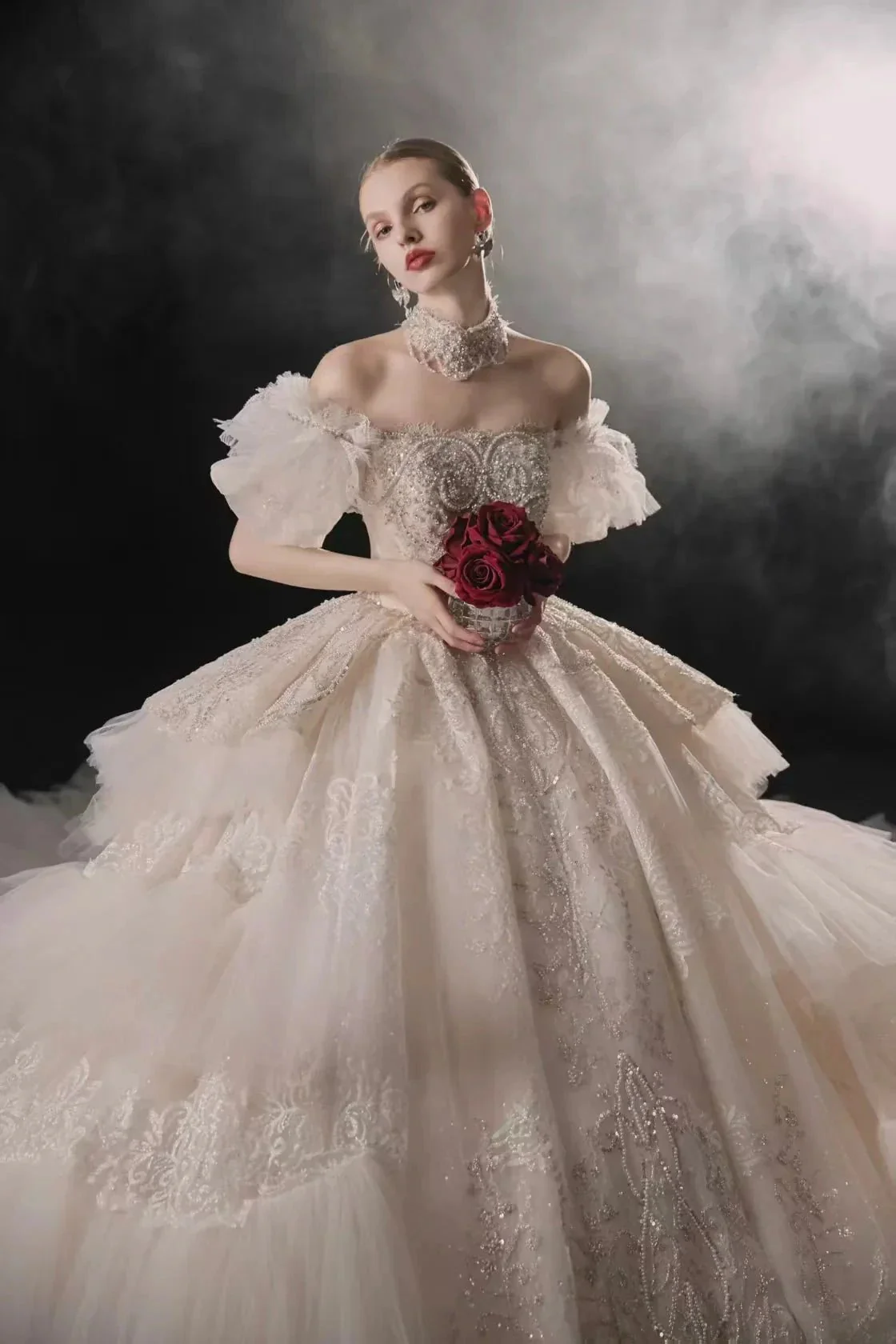 Opulent Off-the-Shoulder Ball Gown Tulle Puff Sleeve Beaded Lace Wedding Dress with Layered Ruffled Train & Choker Q6001 - Image 2