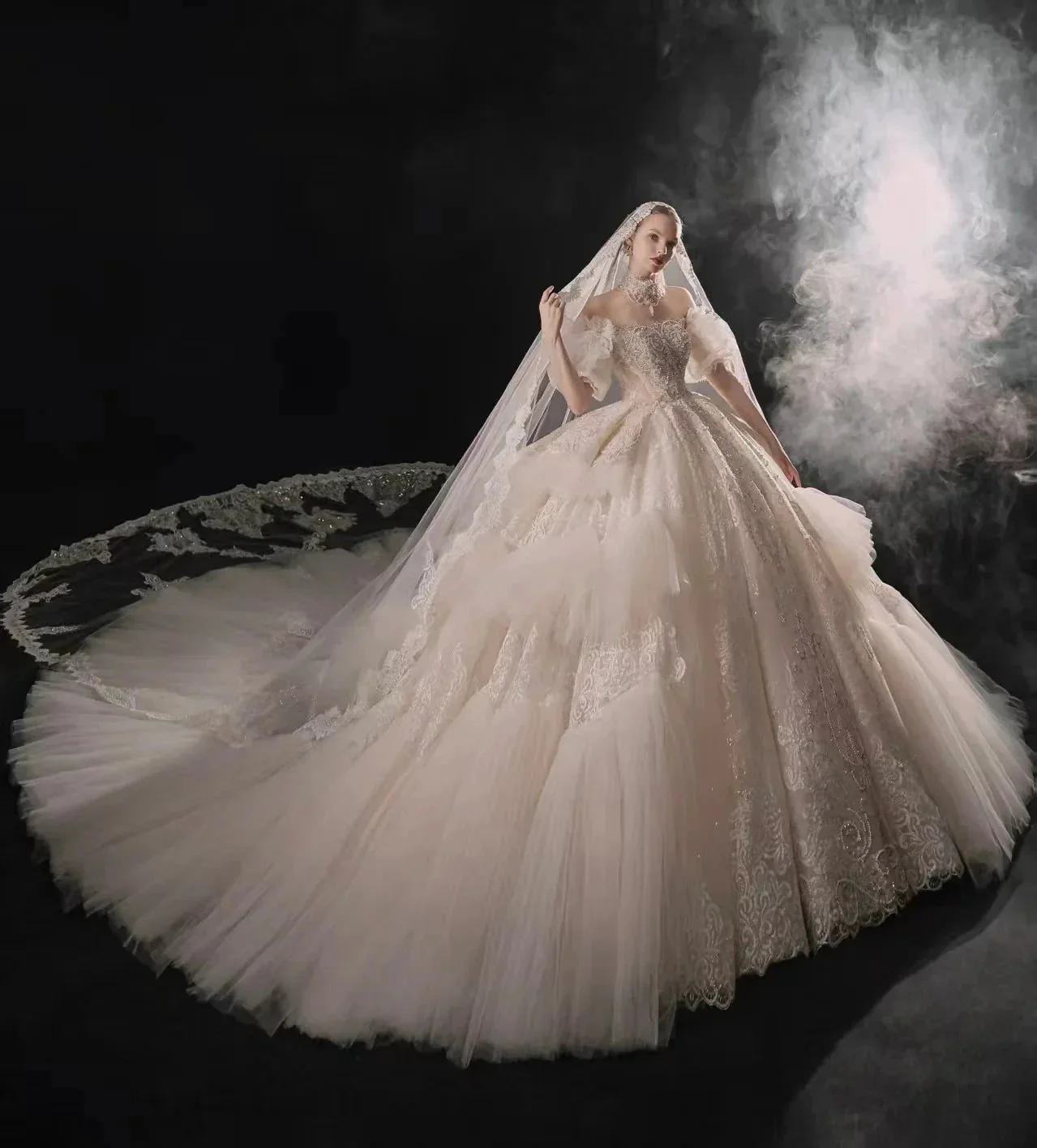 Opulent Off-the-Shoulder Ball Gown Tulle Puff Sleeve Beaded Lace Wedding Dress with Layered Ruffled Train & Choker Q6001 - Image 5
