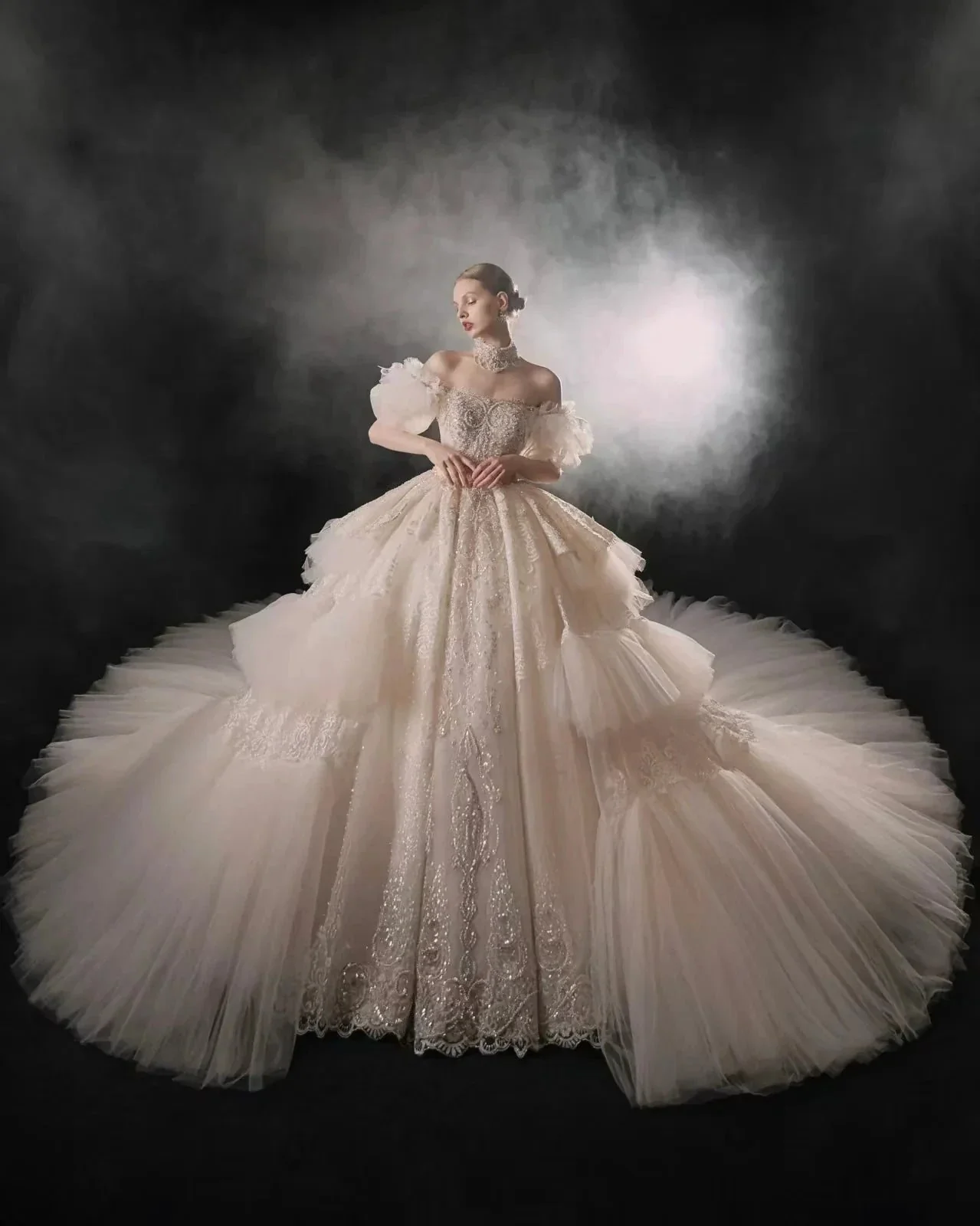 Opulent Off-the-Shoulder Ball Gown Tulle Puff Sleeve Beaded Lace Wedding Dress with Layered Ruffled Train & Choker Q6001 - Image 6