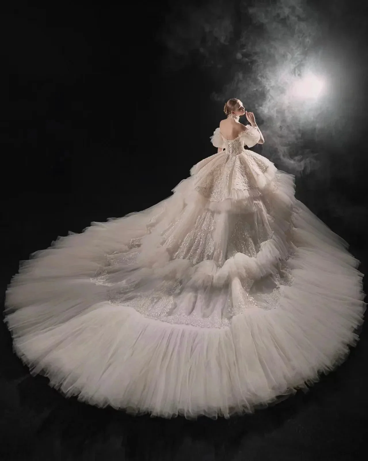 Opulent Off-the-Shoulder Ball Gown Tulle Puff Sleeve Beaded Lace Wedding Dress with Layered Ruffled Train & Choker Q6001 - Image 7