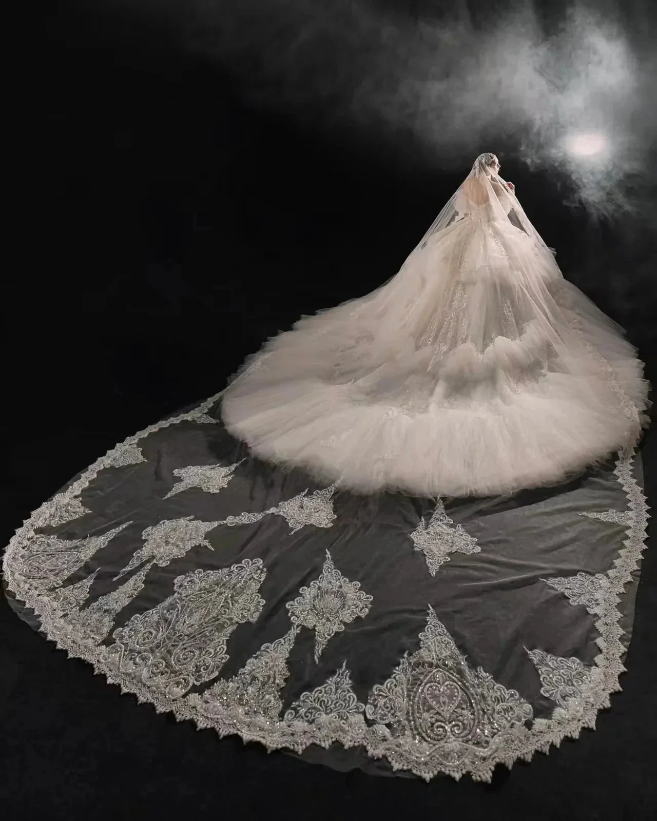 Opulent Off-the-Shoulder Ball Gown Tulle Puff Sleeve Beaded Lace Wedding Dress with Layered Ruffled Train & Choker Q6001 - Image 8