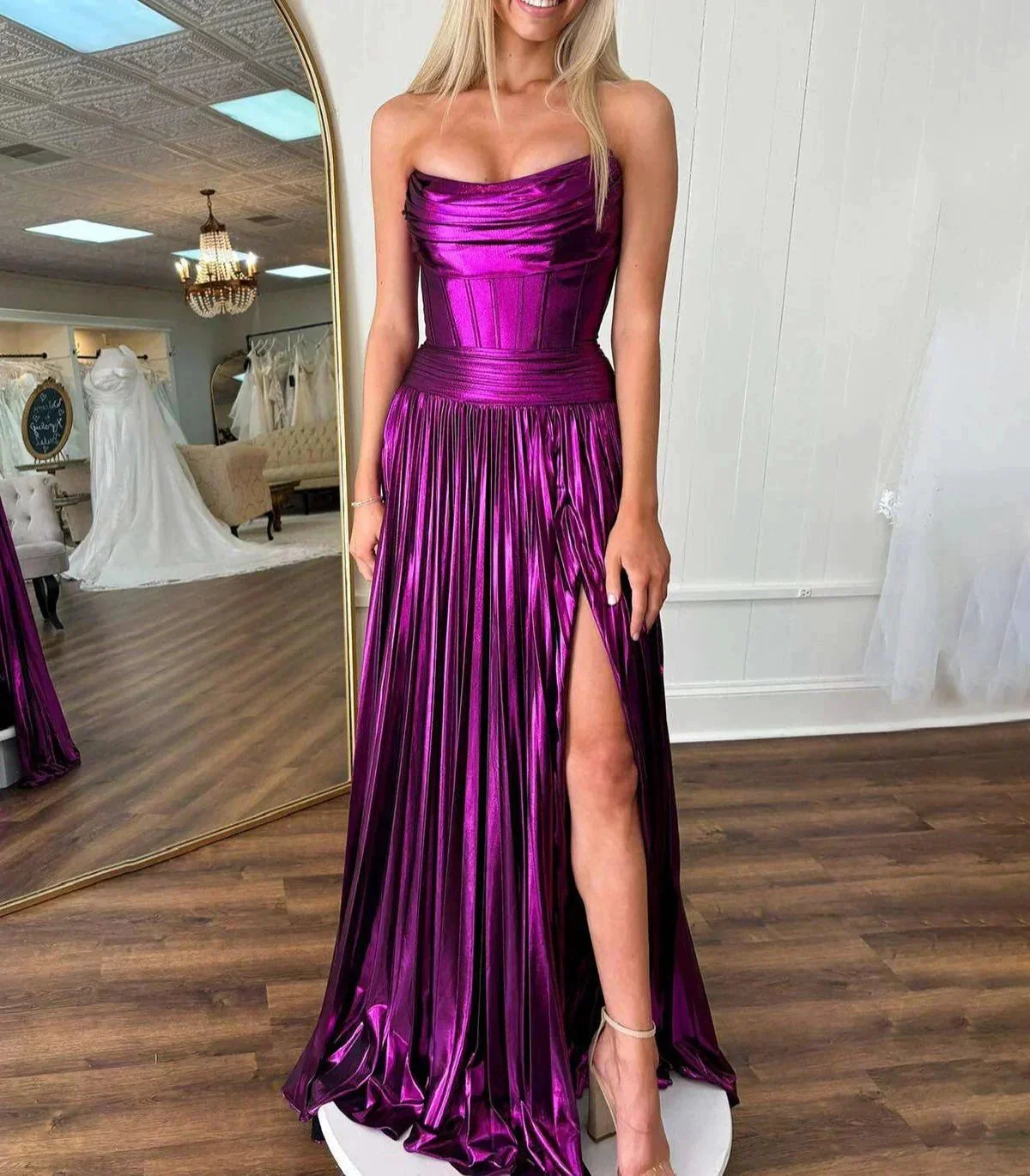 Eunice | A Line Strapless Purple Pleated Metallic Long Prom Dress with Slit - Image 2
