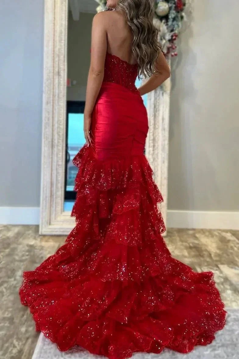 Evaluna | Red Strapless V-Neck Mermaid Pleated Layered Long Prom Dress With Slit - Image 2