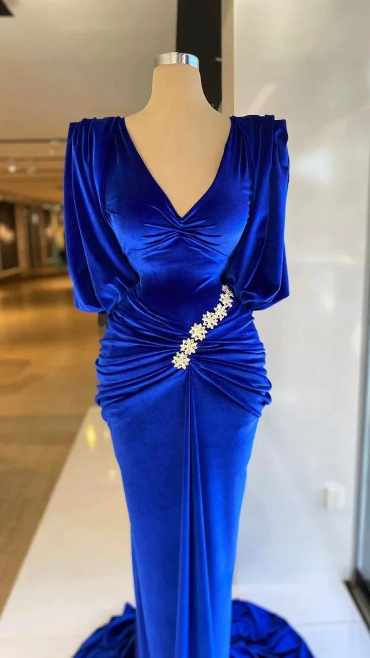 Evening Dresses Dubai V-Neck Short Sleeves Velvet Pleats Appliques Royal Blue Mermaid Formal Prom Party Dress Y4935 - Image 2