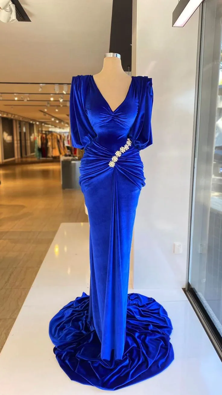Evening Dresses Dubai V-Neck Short Sleeves Velvet Pleats Appliques Royal Blue Mermaid Formal Prom Party Dress Y4935 - Image 3