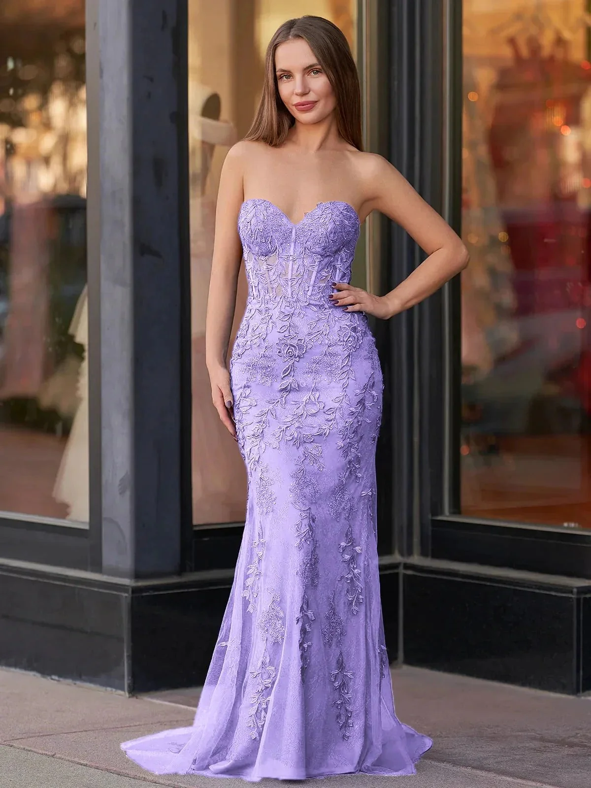 Evie |Mermaid Sweetheart Neck Lace Long Prom Dress With Appliques - Image 12