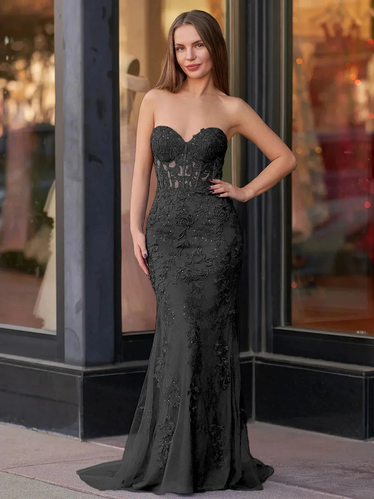 Evie |Mermaid Sweetheart Neck Lace Long Prom Dress With Appliques - Image 16