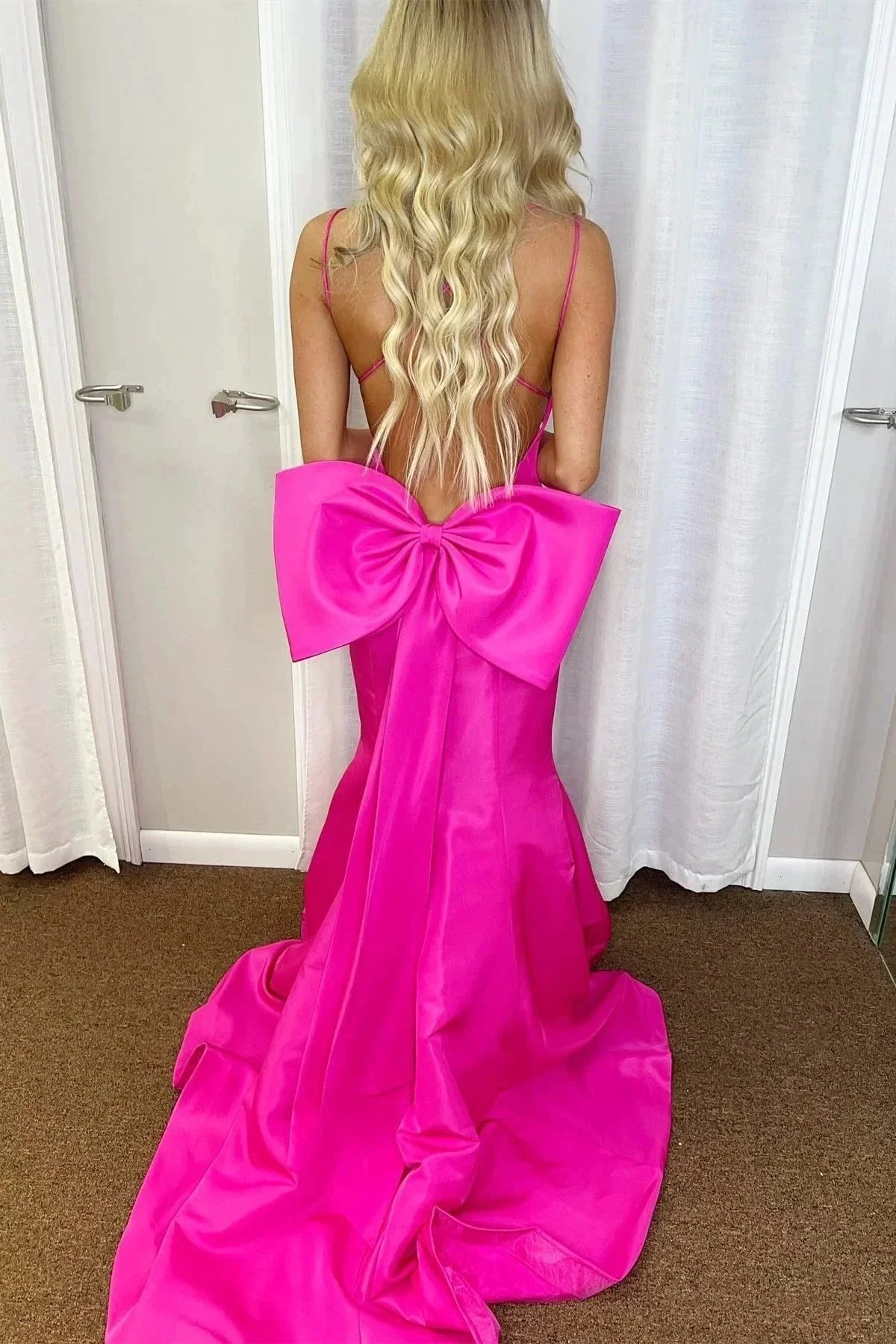 Evynn | Hot Pink V-Neck Bow-Back Trumpet Long Gown - Image 2