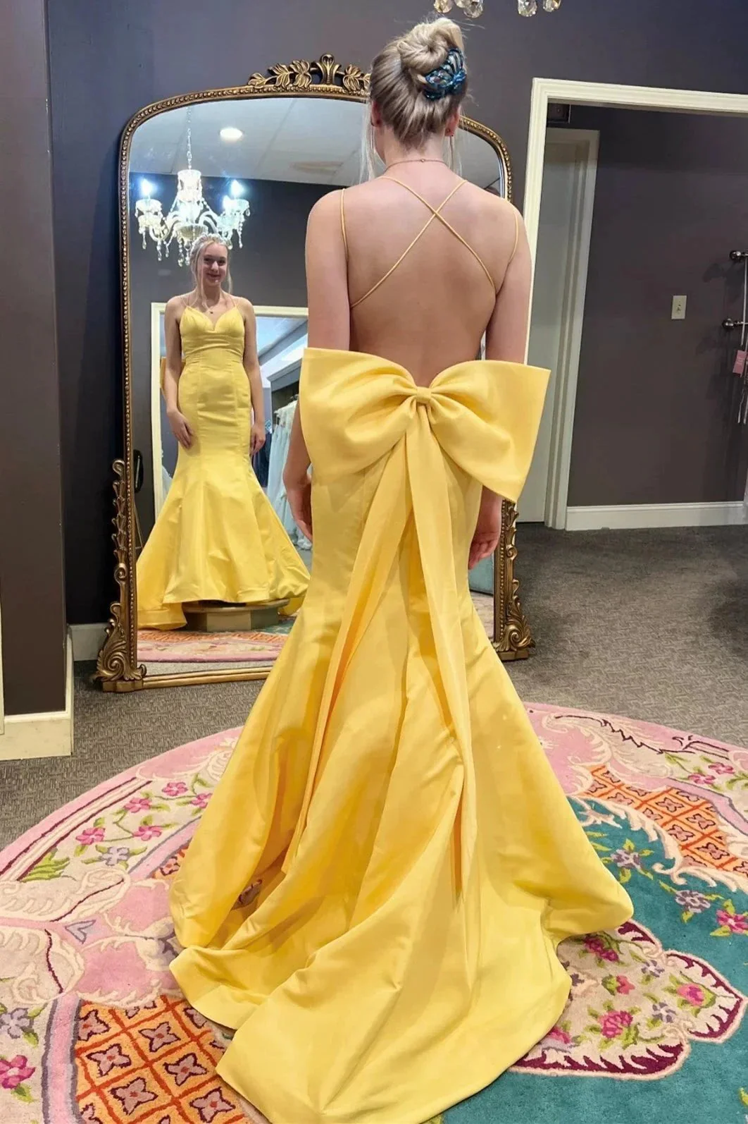 Evynn | Hot Pink V-Neck Bow-Back Trumpet Long Gown - Image 3