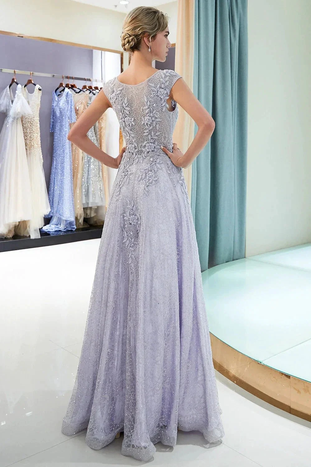 Excellent Long A-line Jewel Tulle Lace Evening Dress - Image 2