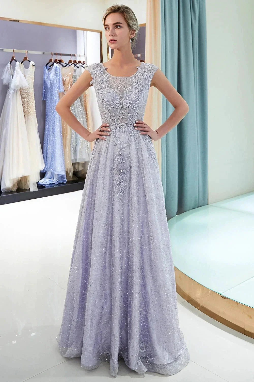 Excellent Long A-line Jewel Tulle Lace Evening Dress - Image 3