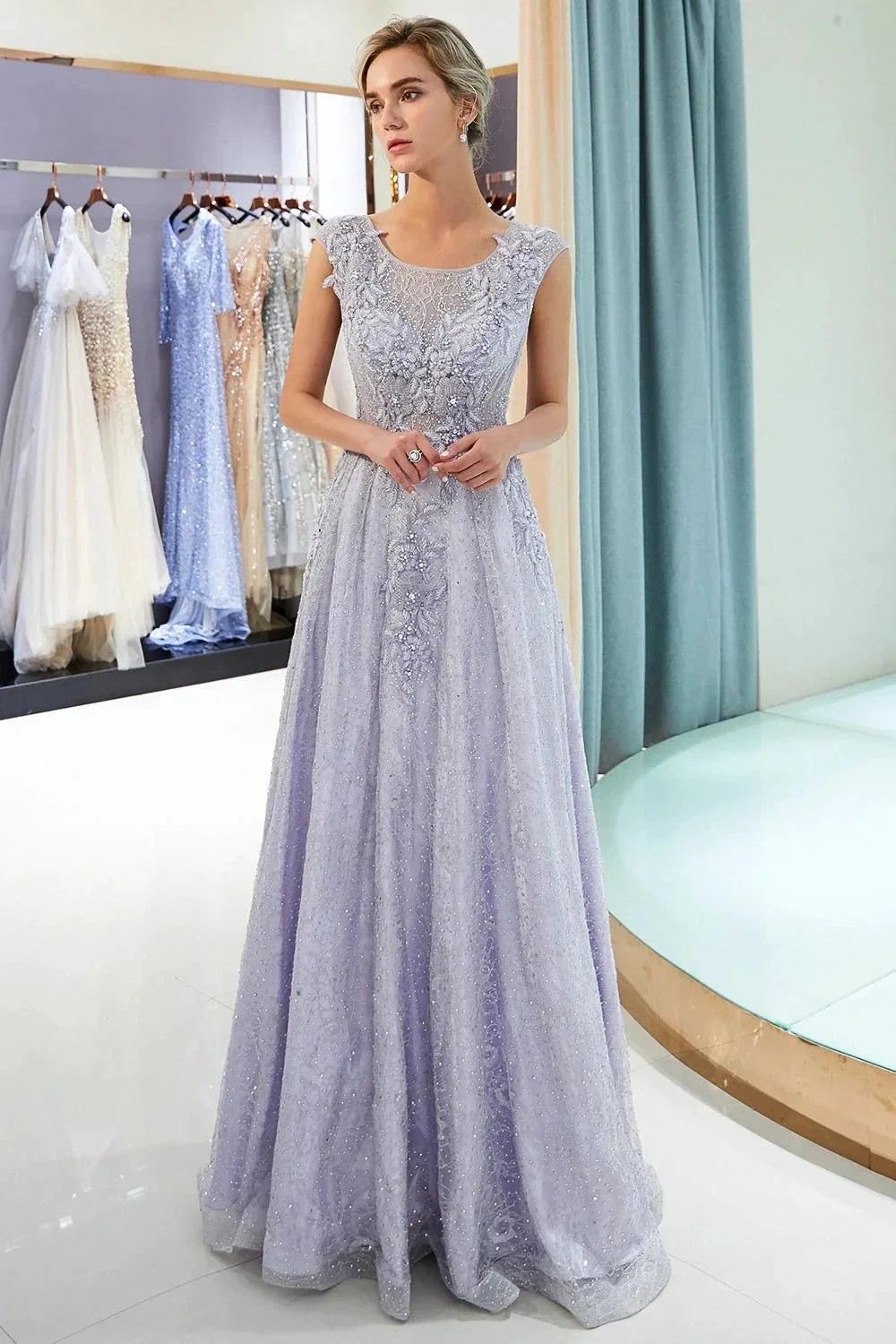 Excellent Long A-line Jewel Tulle Lace Evening Dress - Image 5