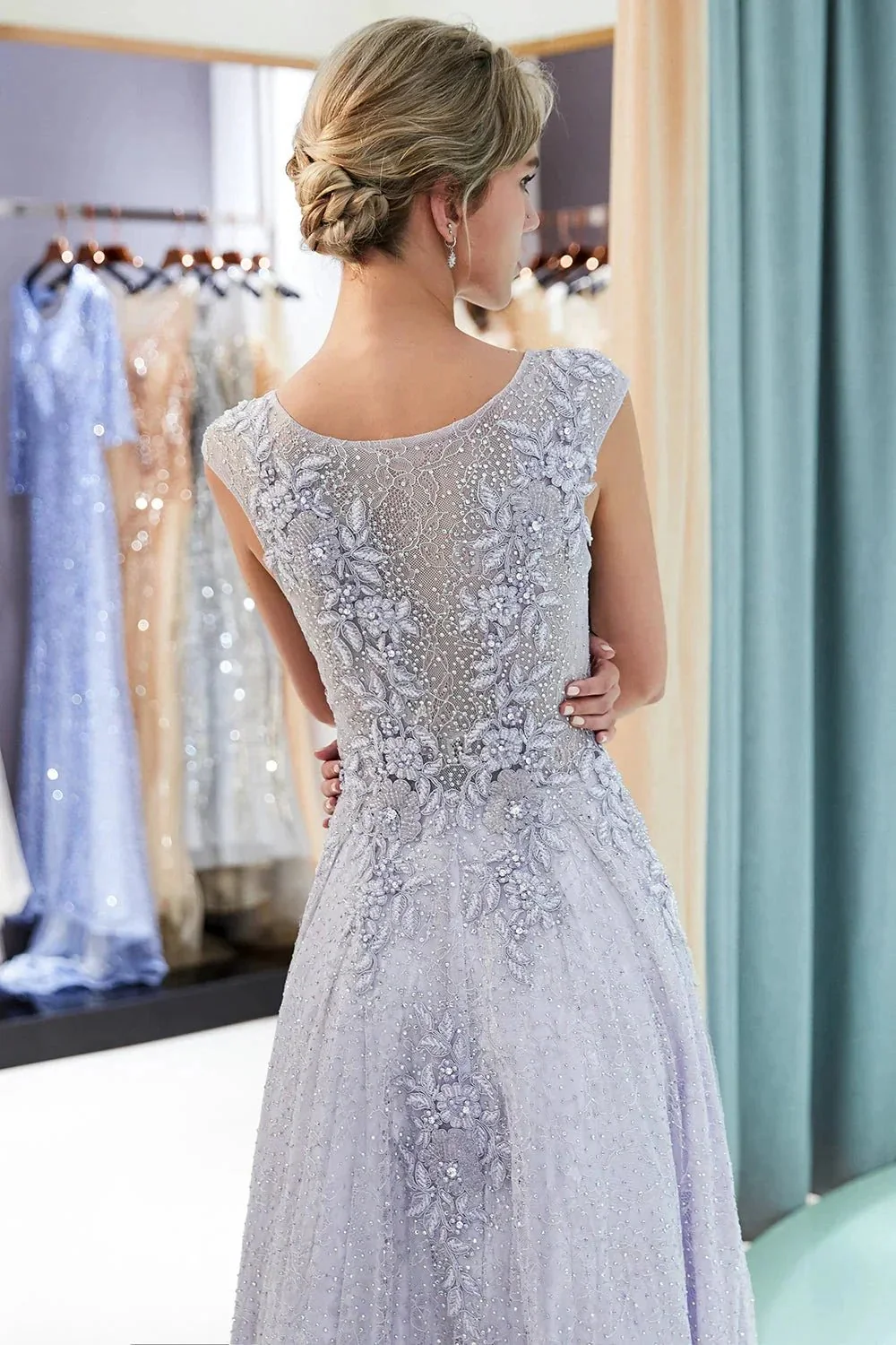 Excellent Long A-line Jewel Tulle Lace Evening Dress - Image 6