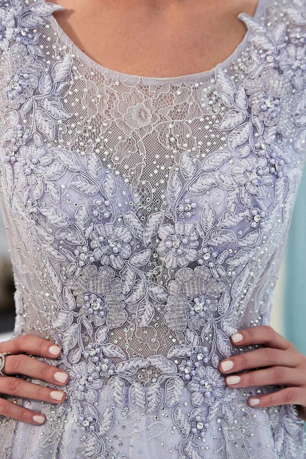 Excellent Long A-line Jewel Tulle Lace Evening Dress - Image 8