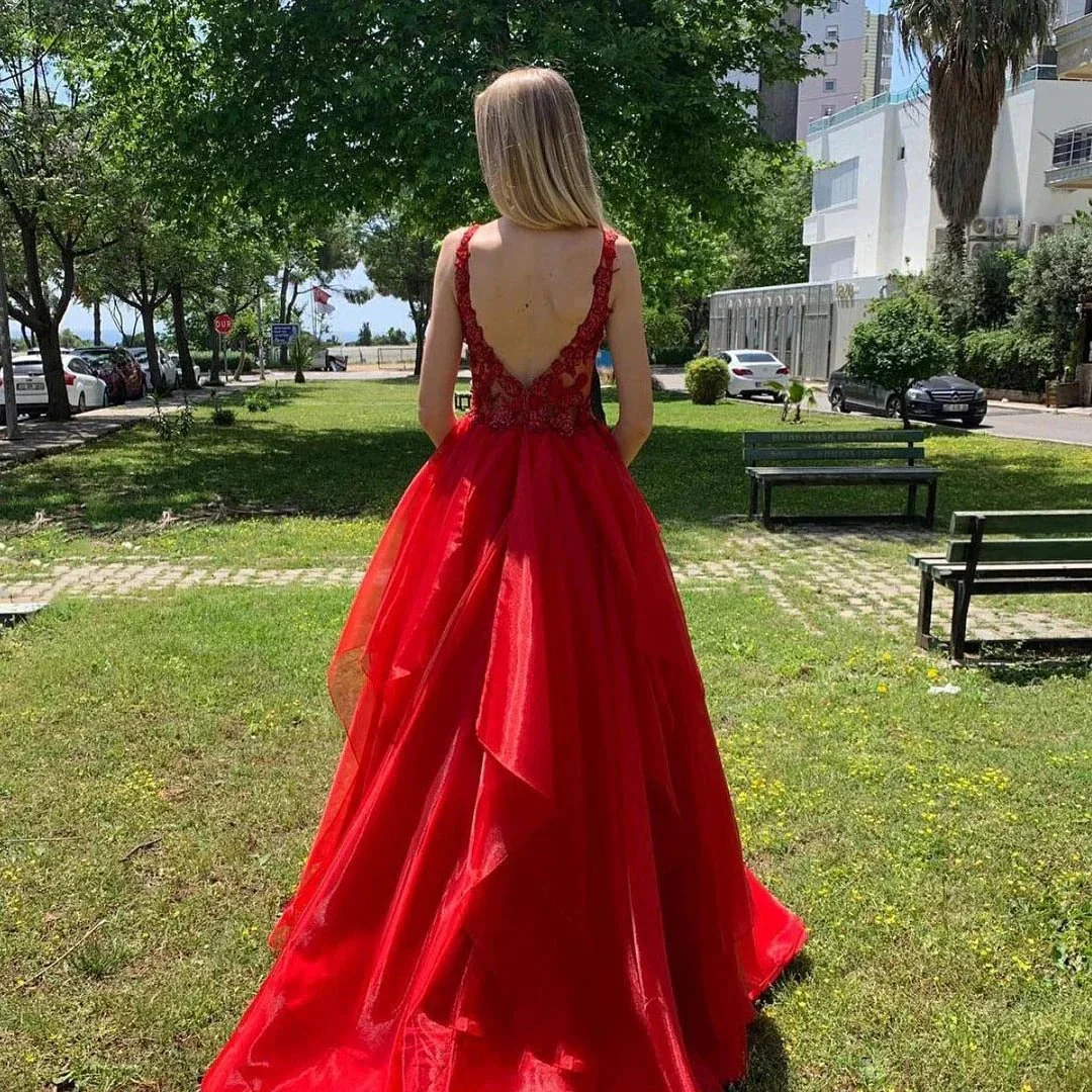 Excellent Long A-line V-neck Organza Backless Red Prom Dress - Image 2