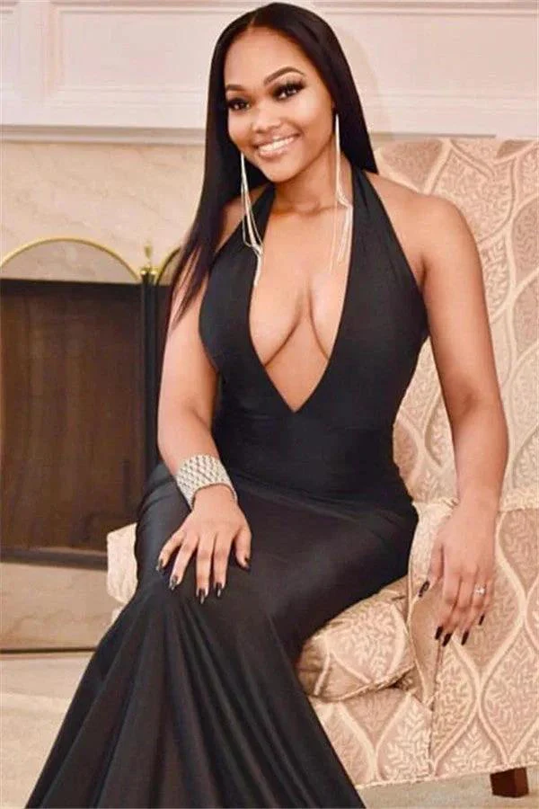 Excellent Long Mermaid Halter Open Back Black Prom Dress - Image 2