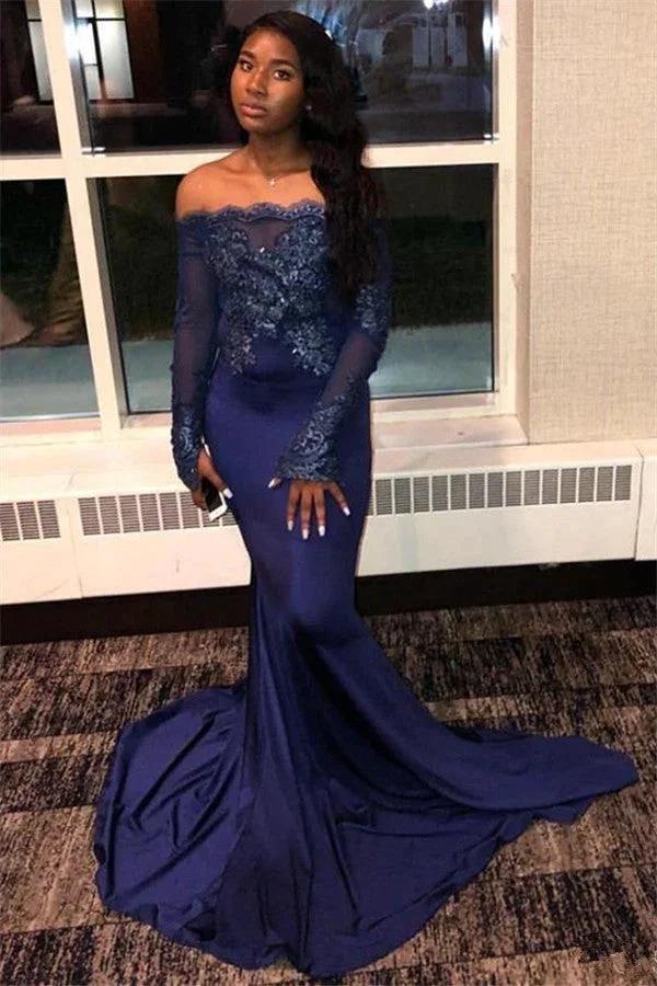 Excellent Long Mermaid Off-the-shoulder Appliques Lace Prom Dress with Sleeves - Image 2