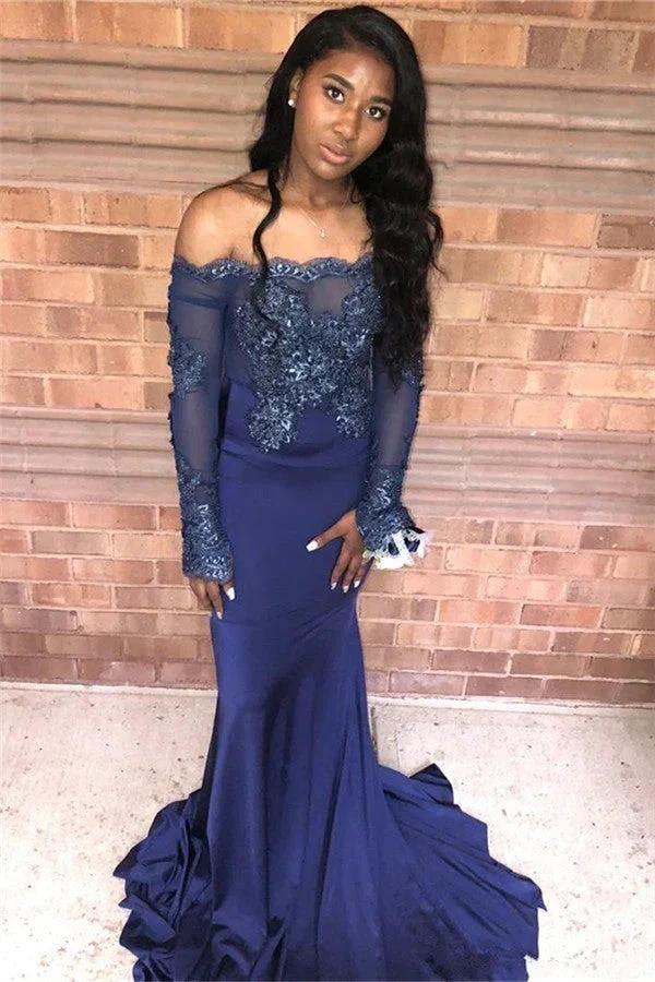 Excellent Long Mermaid Off-the-shoulder Appliques Lace Prom Dress with Sleeves - Image 3