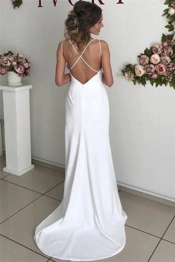 Excellent Long Mermaid Satin White Backless Wedding Dress with Slit - Image 2