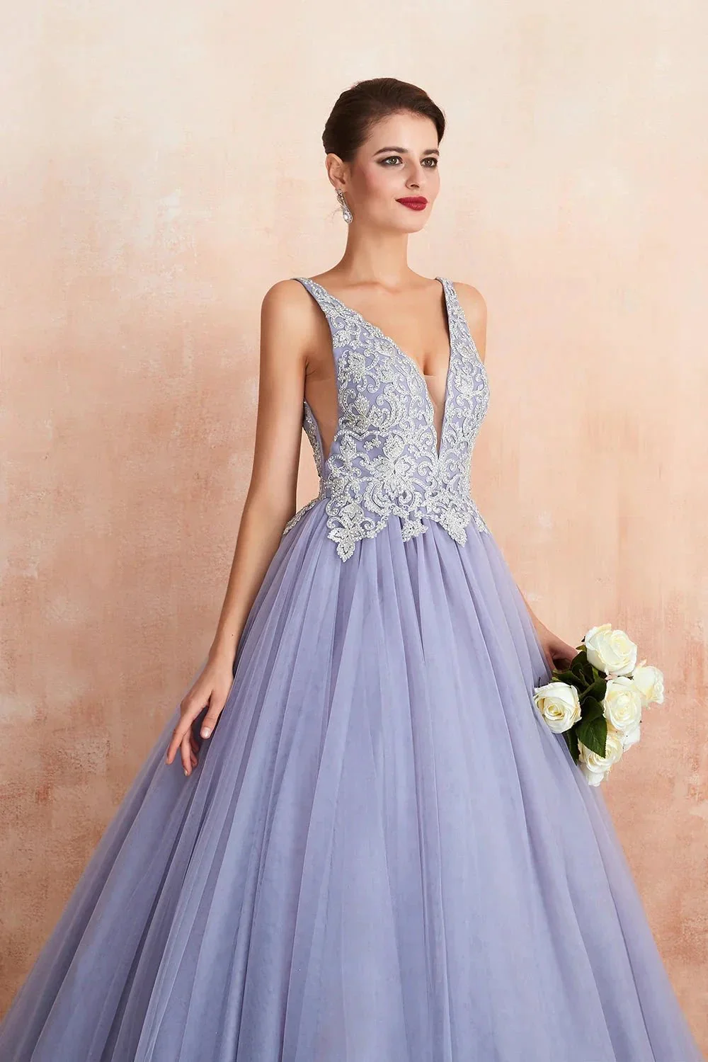 Excellent Long Princess V-neck Sleeveless Tulle Backless Prom Dress - Image 7