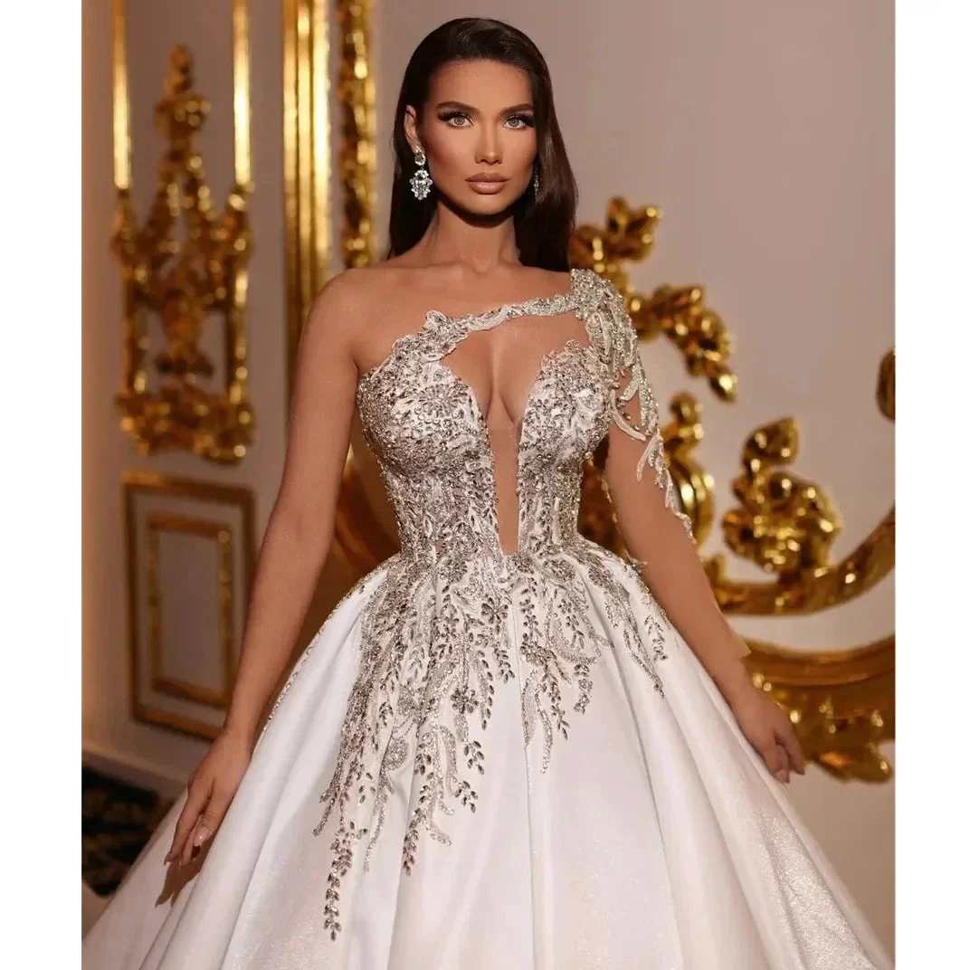 Exquisite Applique Wedding Dresses A Line Deep V Neck Ball Gowns Ruched Tulle Illusion Long Sleeve Formal Beach Party Vestidos - Image 2