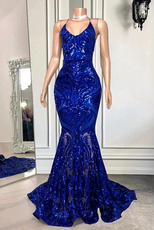 Exquisite Blue Sequins Lace Sleeveless Floor-length Mermaid Prom Dresses - Image 2