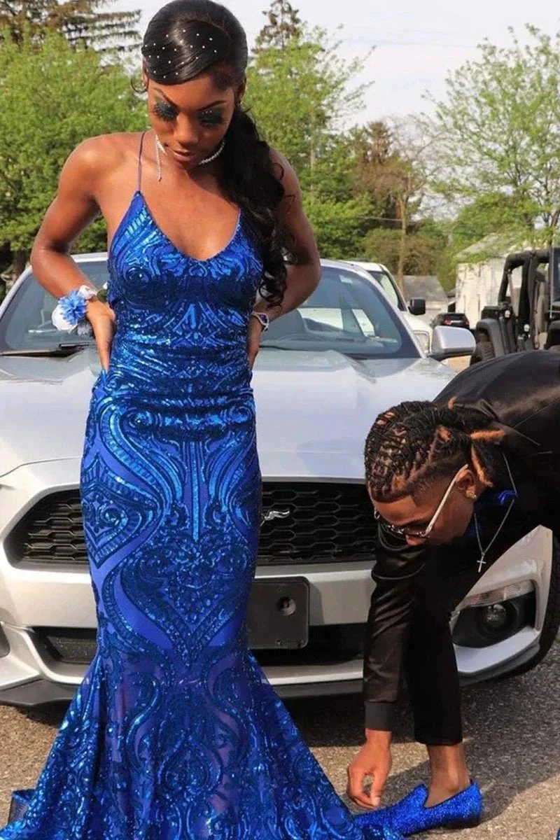 Exquisite Blue Sequins Lace Sleeveless Floor-length Mermaid Prom Dresses - Image 3